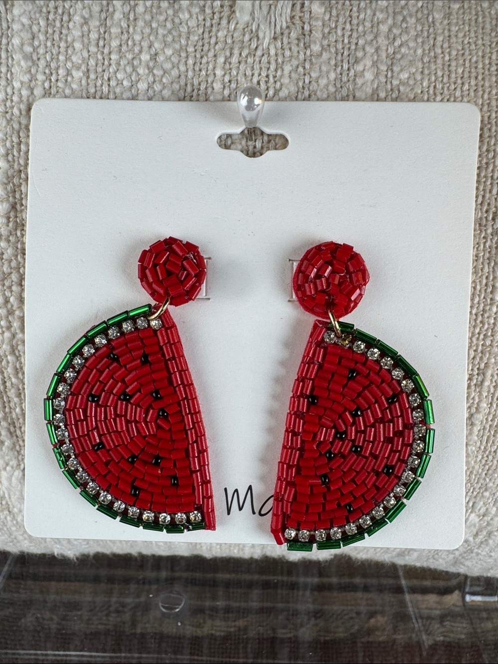 0667-Beaded Red Watermelon Slice Drop Earrings - Unbranded